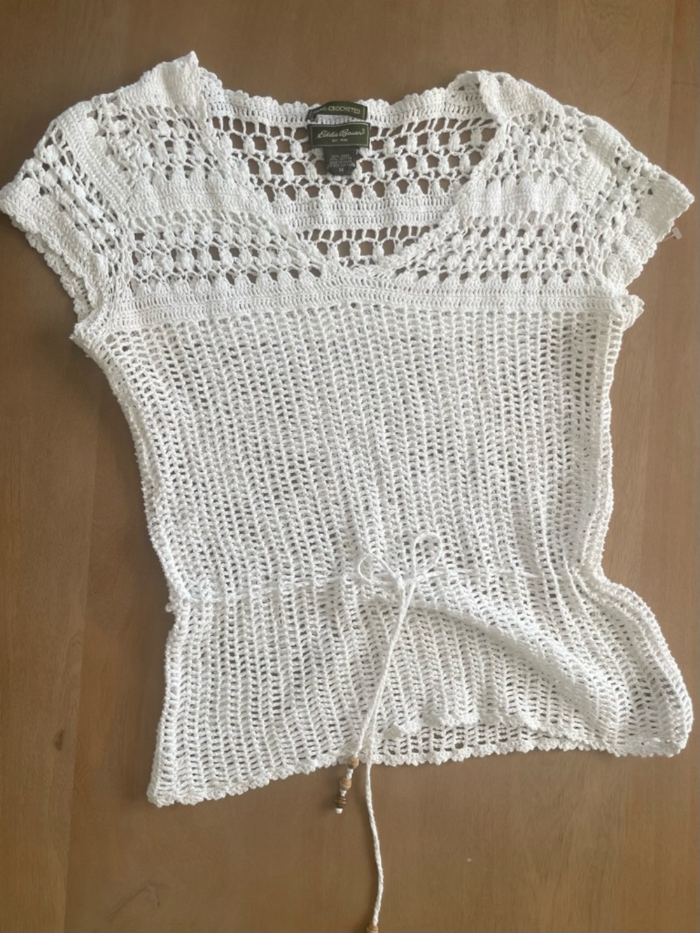 Eddie Bauer White Hand Crochet Knit Short Sleeve Top